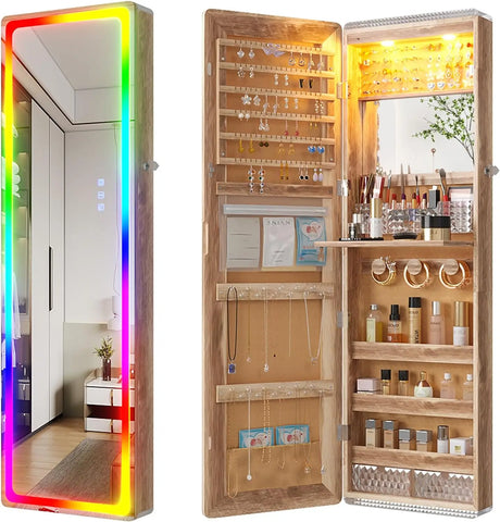 LED Mirror Jewelry Cabinet with RGB Lights,47.2" Wall Mounted Jewelry Organizer with Full-Length Mirror