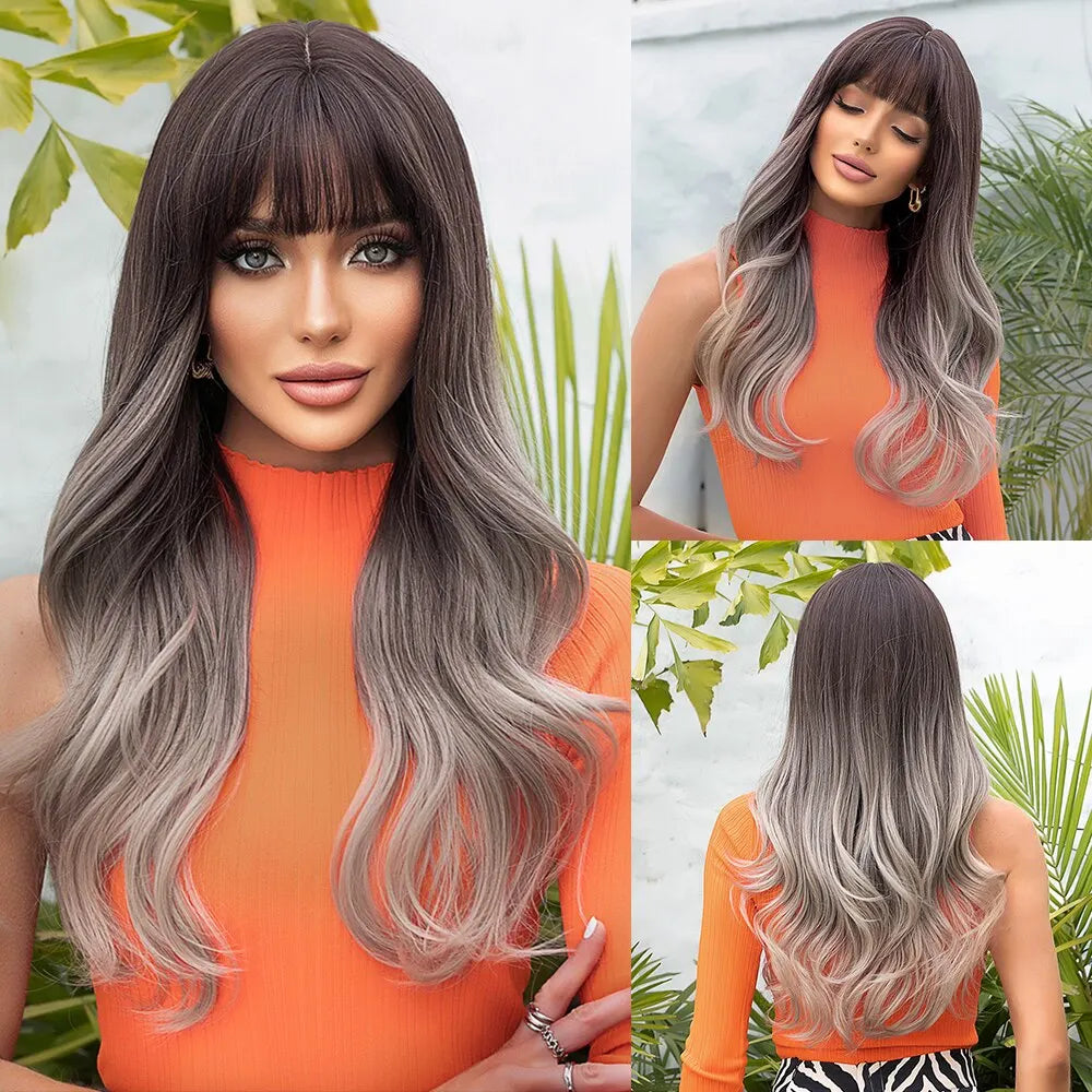 HAIRCUBE Long Ombre Brown Black Light Blonde Synthetic Wigs with Bangs Heat Resistant Straight Wigs for Women Natural