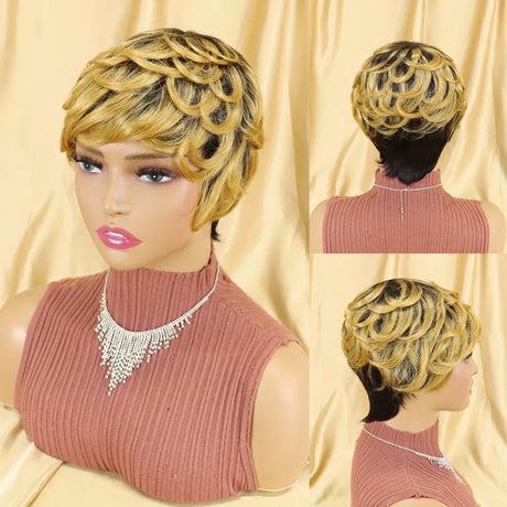 Straight Human Hair Wigs Short Bob Wig With Bangs Non Lace Front Wigs For Women Pixie Cut Wig Natural Color Full Machine Made