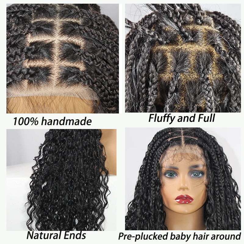 Boho Braided Lace Frontal Wig Wave Curly Goddess Locs Lace Front Braided Wig Pre-plucked With Baby Hair Synthetic Box Braids Wig