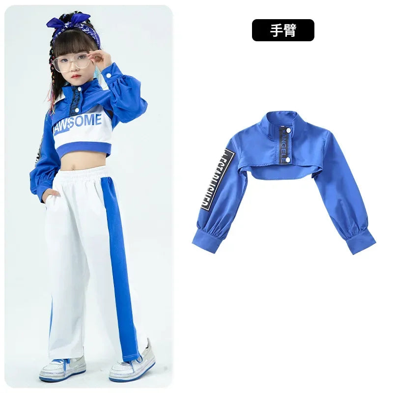 Girls Hip Hop Crop Jacket Solid Cargo Pants Clothes Set Kids Jazz T-shirt Street Dance Contrast Joggers Child Streetwear Outfits