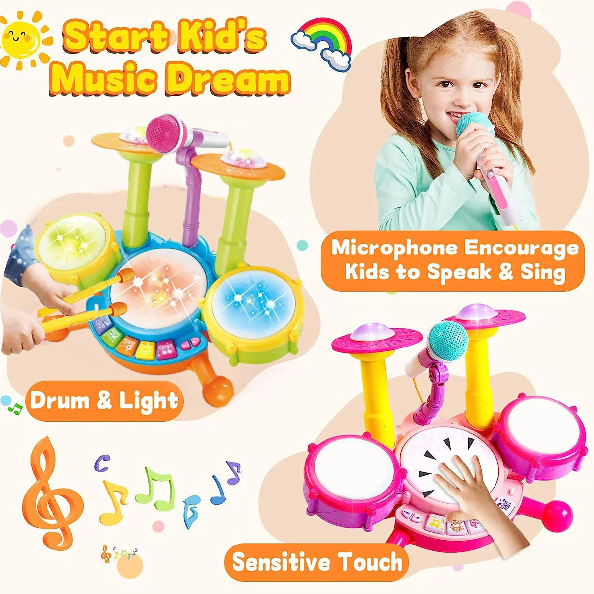 Kids Drum Set Toddlers Musical Baby Educational Instruments Toys for Toddlers Girl Microphone Learning Activities Gifts