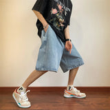 Summer Denim Shorts for Men Korean Harajuku Retro All-Match Baggy Straight Bottoms Wide-Leg High Street Five-Point Jeans Pants