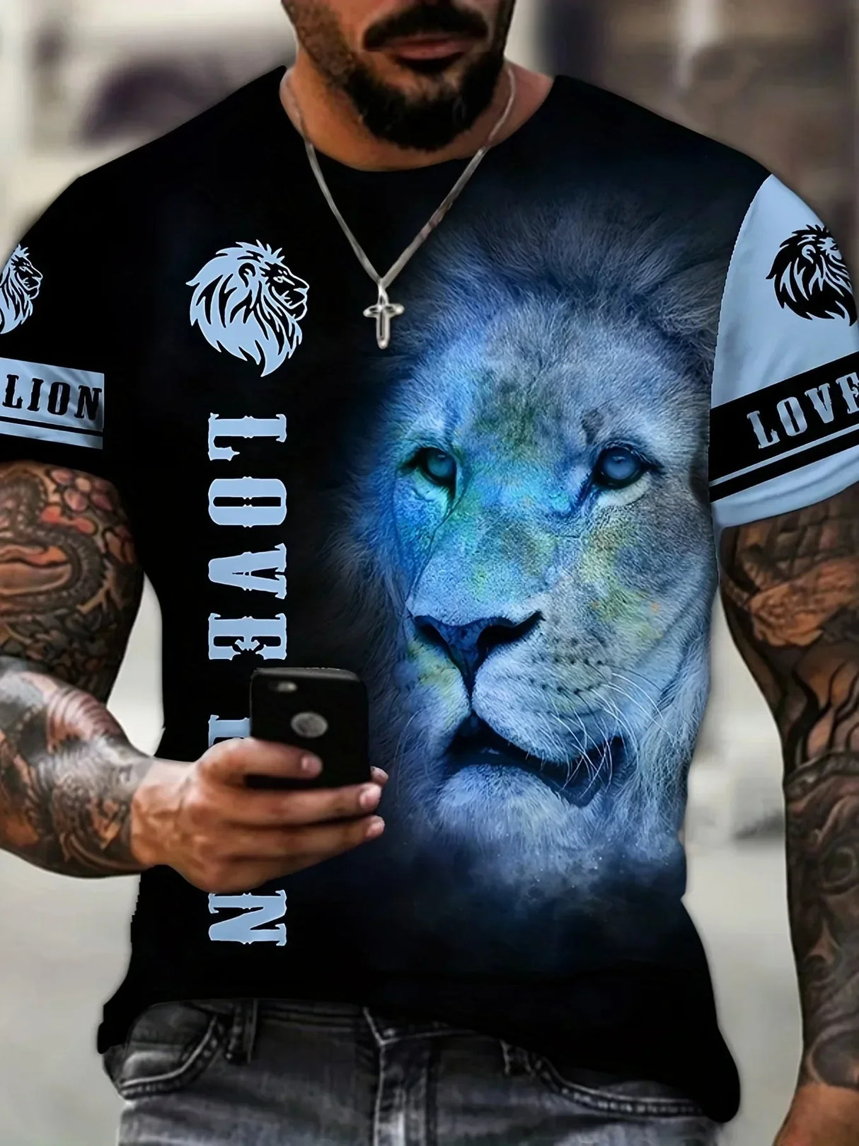 2024 Men's Summer New 3D Printing Fierce Lion Breathable Round Neck Short Sleeve T-shirt Plus Size Men's Top