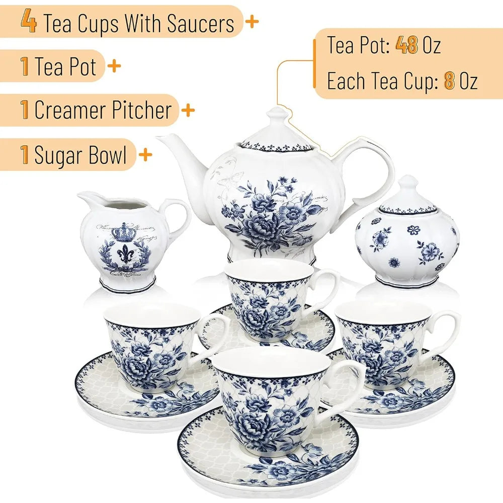 Porcelain Tea Set Creamer and Sugar Set Teacup (8oz) Coffeeware Teaware Teapot (48oz) Gift Box Tools Kitchen Dining Bar Home