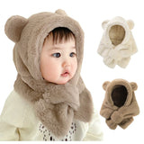 Winter Baby Hat Scarf One-Piece Faux Fur Infant Bonnet Cute Bear Warmer Neck Ears Kids Cap for Girls Boys Accessories