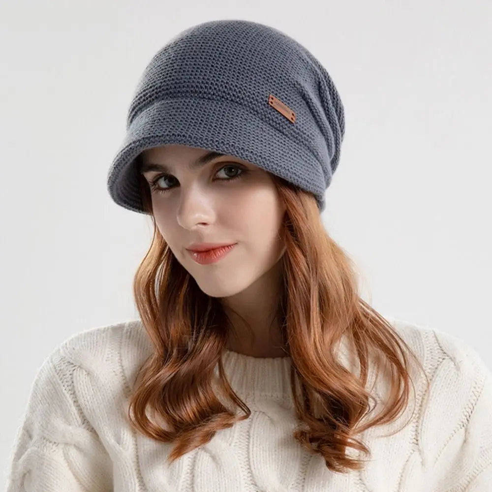 Fleece Lined Knitted Hat Casual Thickened Short Brim Beanies Soft Plush Keep Warm Ear Protection Women Girl