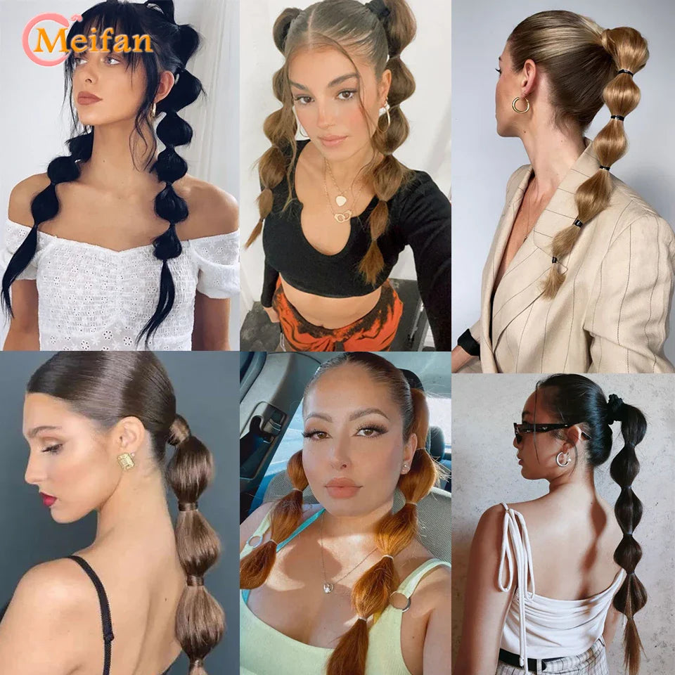 MEIFAN Synthetic Long Hair Lantern Bubble Ponytail Clip in Drawstring Brown Bubble Braids Natural Fake Pony Tail Hair Extensions