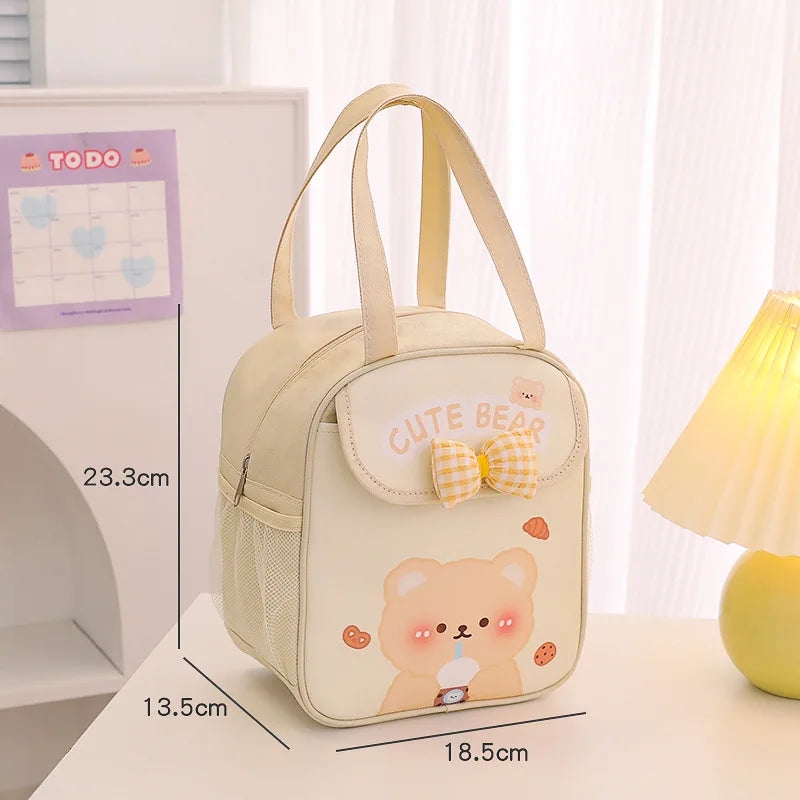 Cute Portable Lunch Box for Kids Pink Bow Bunny Thermal Insulated Lunch Bag Bento Pouch Kawaii Container School Food Storage Bag