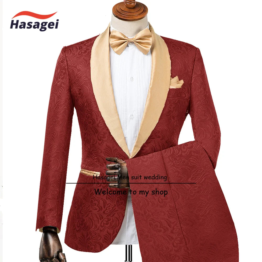 Champagne Men's Wedding Tuxedo Elegant Men 2-piece Suit Set Patterned Jacket Pants Formal Slim Fit Outfit