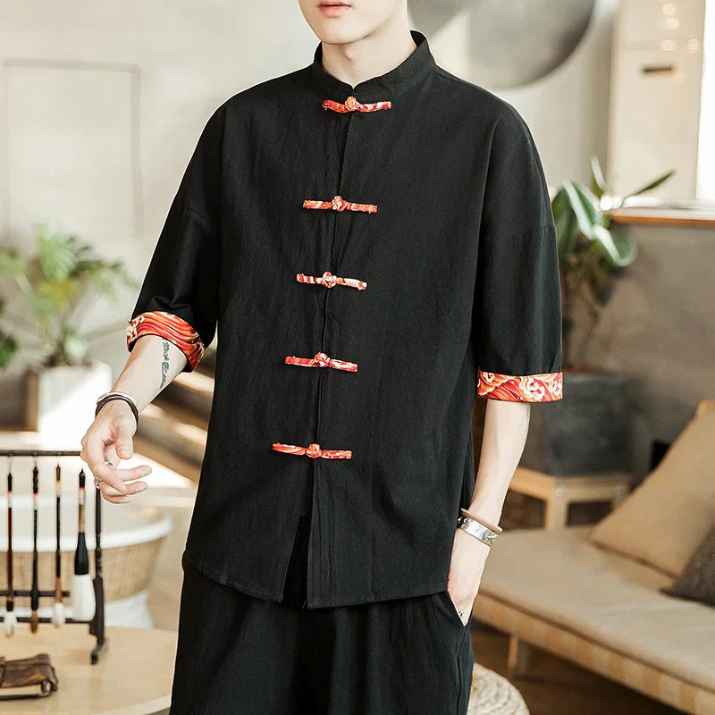 Male New Chinese Style Shirt  Mens Tops Tang Suit Linen Half Sleeve Solid Traditional Kung Fu China Style Hanfu big Size Shirt