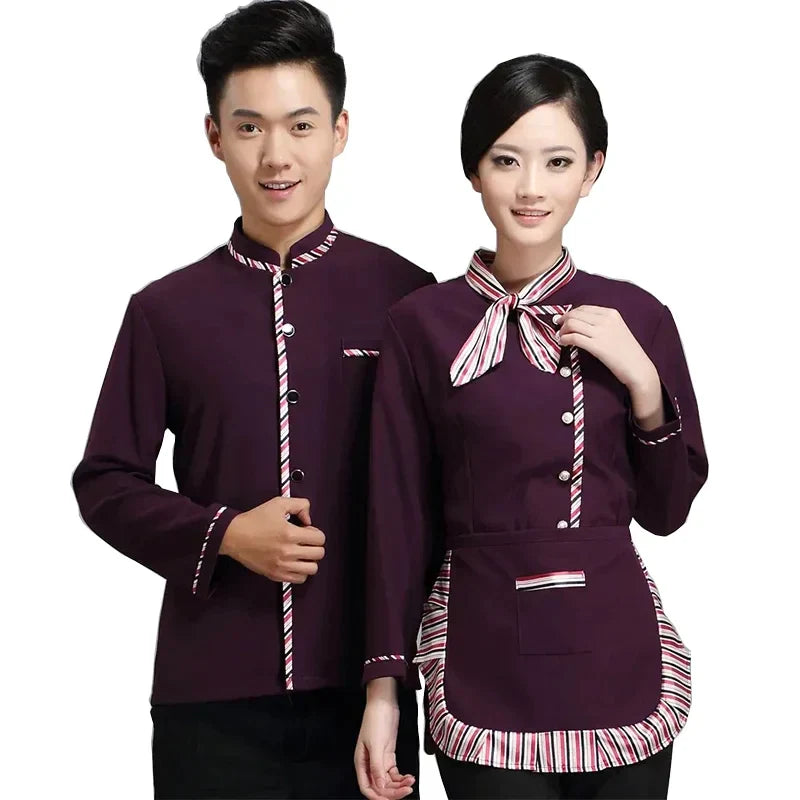 Long Sleeve Hotel Waiter Uniform Female Restaurant Top+apron Waitress Uniform Fast Food Service Work Wear Jacket for Man 89