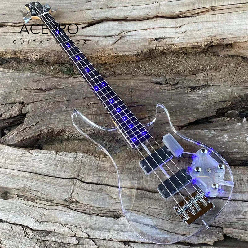 4 String Blue LED Lights Electric Bass Guitar, Clear Acrylic Crystal Body, Maple Neck, Rosewood Fingerboard