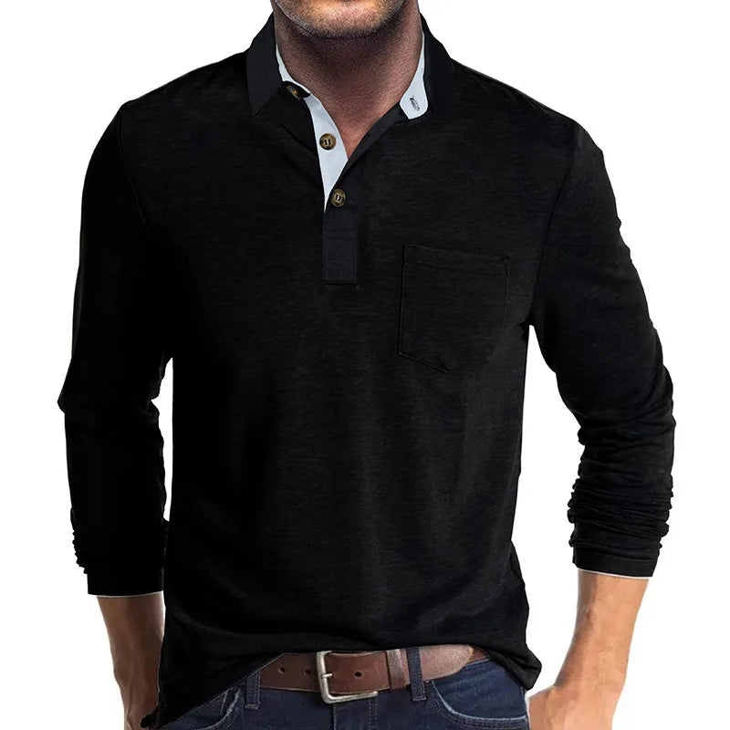 Spring Trend Men's Long Sleeve Casual Tshirt Solid Lapel Button Up Pullover Tops Autumn Turn Down Collar Bottoming Polo Shirt