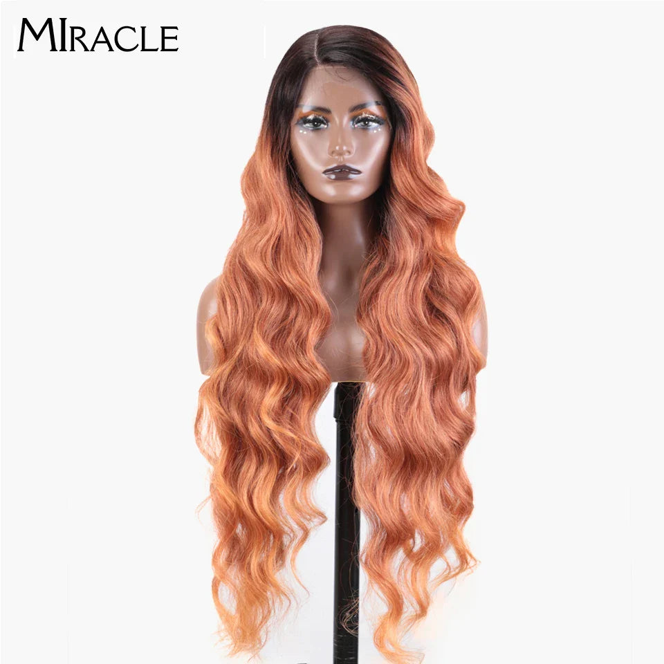 MIRACLE Synthetic Lace Front Wigs For Women Long Wavy 36 Inch Body Wavy Side Part Lace Front Wig Ombre Brown Blonde Cosplay Wig