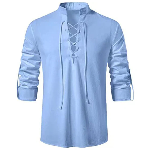 2023 New Men's V-neck shirt T-shirt Fashion Vintage Thin Long Sleeve Top men Casual Breathable Viking Front Lace Up man Shirts