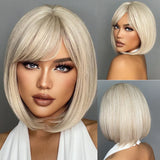 Brown Blonde Short Straight Synthetic Hair Wigs with Bangs for Women Golden Highlight Bob Wigs Cosplay Natural Heat Resistant