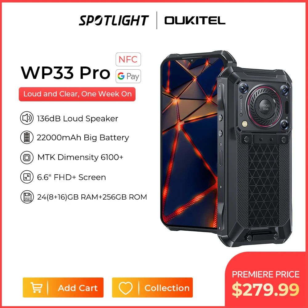 [World Premiere] Oukitel WP33 Pro 5G Rugged Smartphone  22000mAh 6.6" FHD+ Cell phone 24GB 256GB Mobile Phone 64MP Camera  33W