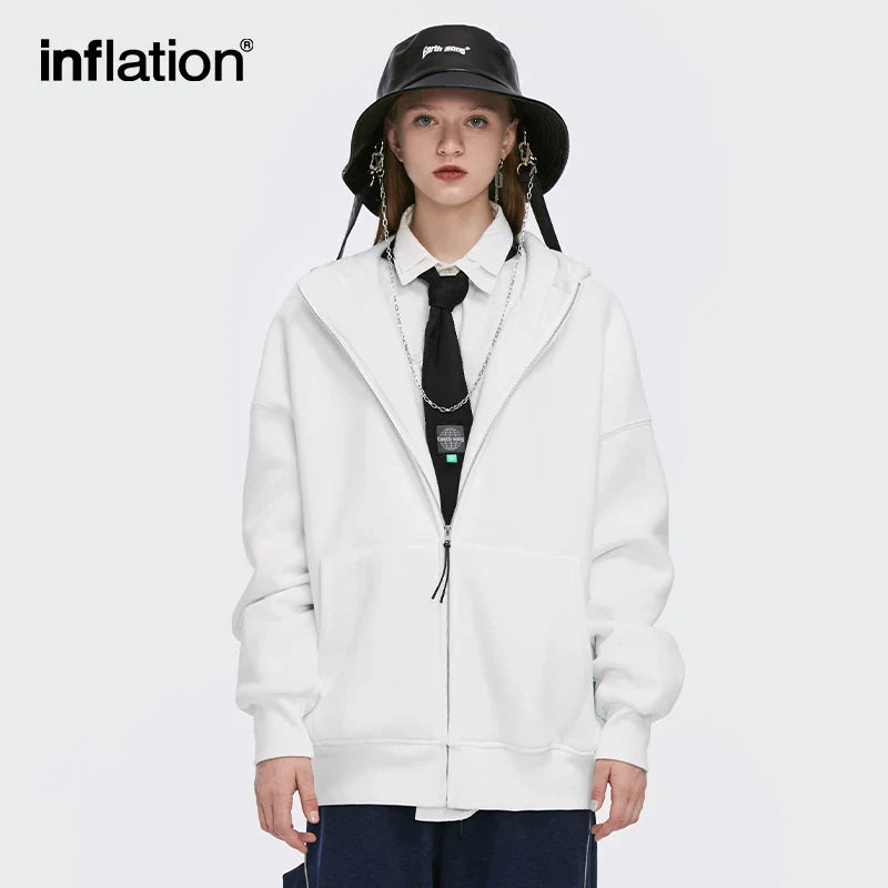 INFLATION Casual Zip Up Hoodies Men Winter Thick Fleece Sweat Jacket Unisex Matching Hooded Sweatshirt Couple