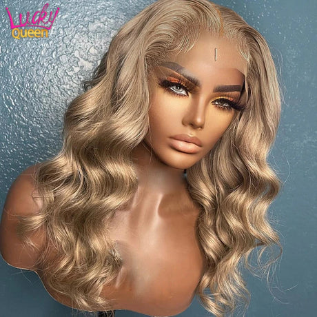 Ombre Blonde 13X4 Transparent Lace Front Human Hair Wig Brown Root Glueless Body Wave Ash Blonde 5X5 Closure Wig Pre Plucked