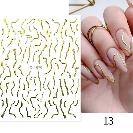 3D Silver Frame Nail Sticker Silver Bronzing Stripe Lines Sliders For Nails Tribal Pattern Decals Marble Blooming Nail Tattoos