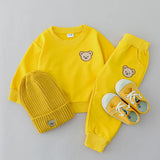 2pcs Baby Spring Fashion Simple Embroidered Bear Head Round Neck Set for Children's Versatile Long sleeved Pants 2-piece Set