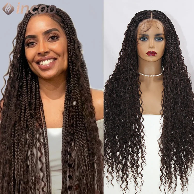 Blonde Bohemian Box Braids Wigs With Curly Hair Synthetic Braid Lace Frontal Wigs Goddess Locs Braided Wigs Burgundy Hair 32"