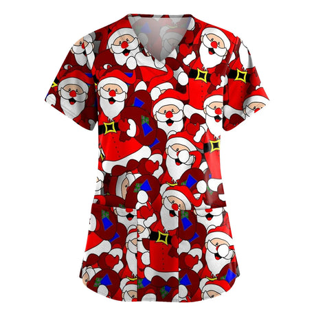 Christmas Cartoon print spa uniform beauty salon Pet shop uniform Fashion Slim Fit top scrub clothes women scrubs lab coat