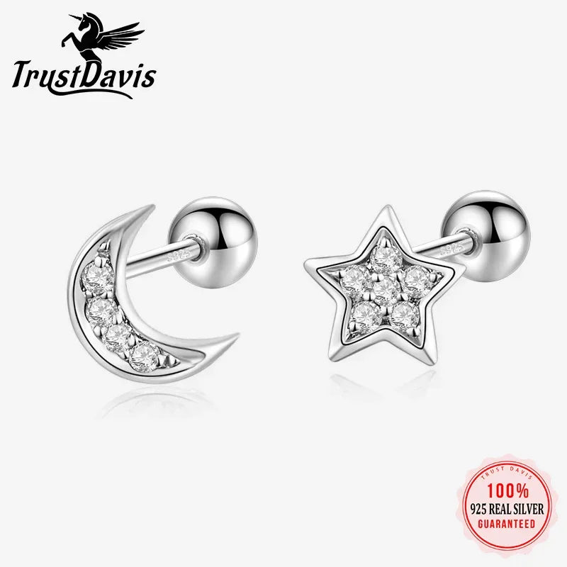 TrustDavis Real 925 Sterling Silver Earrings Fashion Moon Star CZ Beads Screw Stud Earring For Women Wedding Fine Jewelry DA3019