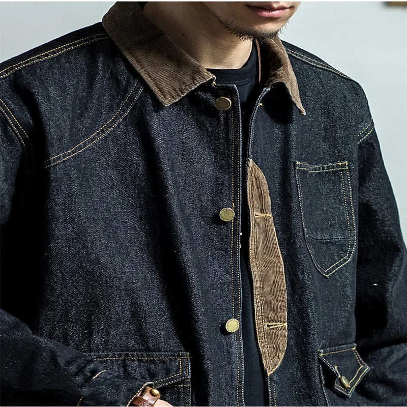 Spring Autumn New Men's Denim Jacket Loose Trend Long-sleeved Retro Trendy Handsome Casual Trendy Jeans Coat Leisure Solid Color