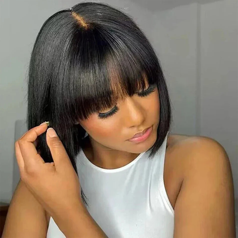 Middle Part 3X1 Hd Lace Wig Bone Straight Human Hair Wigs With Bangs Glueless Wig Human Hair Ready To Wear Short Bob Wigs