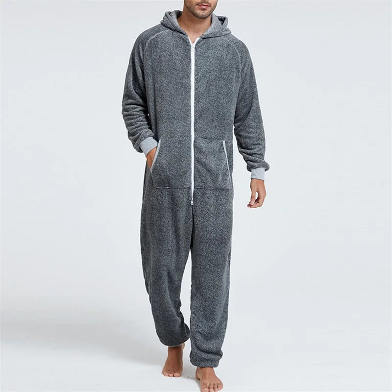 Men's Hooded Jumpsuit Pajamas Long Sleeve V Neck Zip Up Romper Pants Fall Winter Warm Loungewear Sleepwear