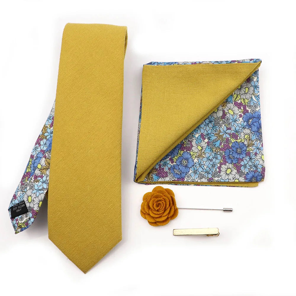 Two Side Floral Plaid Cotton Patchwork Tie Set Brooch Pin Clip Hankie Cufflink Ties Men Party Daily Shirt Cravat Gift Accessory