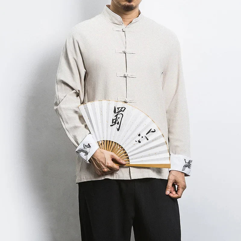 Spring Crane Embroidery Top Traditional Chinese Clothing for Men Vintage Long Sleeve Linen Shirts Madarin Collar Kungfu Shirt