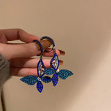 Long Retro Blue Flower Feather Tassel Dangle Earrings for Women 2022 Fashion Crystal Drop Earring Vintage Brincos Jewelry