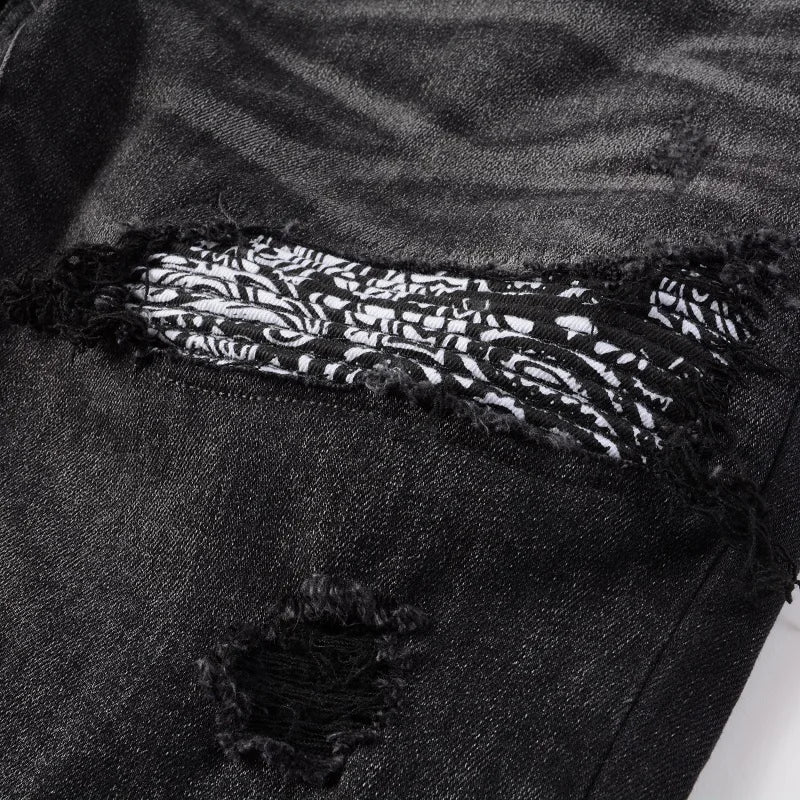 Men Bandanna Paisley Print Patch Jeans Streetweat Patchwork Holes Ripped Biker Pants Skinny Tapered Black Stretch Denim Trousers