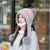 New Knitted Hat Thick Warm Earflap Hats Scarf 2Pcs Set Fleece Lined Ball Pompom Skullies Beanies Women Winter Rabbit Fur Cap