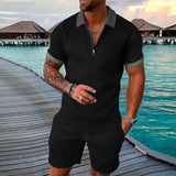 Men's Athletic T-Shirt Set Casual Lapel Short Sleeve Pullover Zip Up T-shirt Shorts 2-Piece Sets Men's Solid Sporty Suits