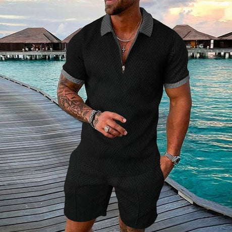 Men's Athletic T-Shirt Set Casual Lapel Short Sleeve Pullover Zip Up T-shirt Shorts 2-Piece Sets Men's Solid Sporty Suits