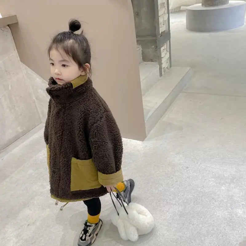 Children's Winter Children's Lamb's Wool Warm Coat Girls Double Wear Tops Baby Splicing Loose Leisure Coat