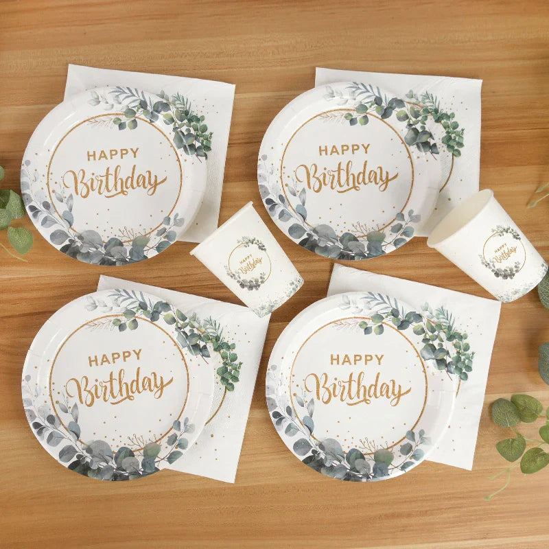 85Pcs Green Eucalyptus Leaf Disposable Tableware Set Paper Plate Cup Napkin Happy Birthday Party Decoration Baby Shower Supplies