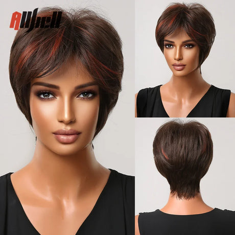 Short Pixie Cut Wig with Highlight Straight Chocolate Brown Synthetic Wig for Black Women Cosplay Daily Heat Resistant Hair Wigs