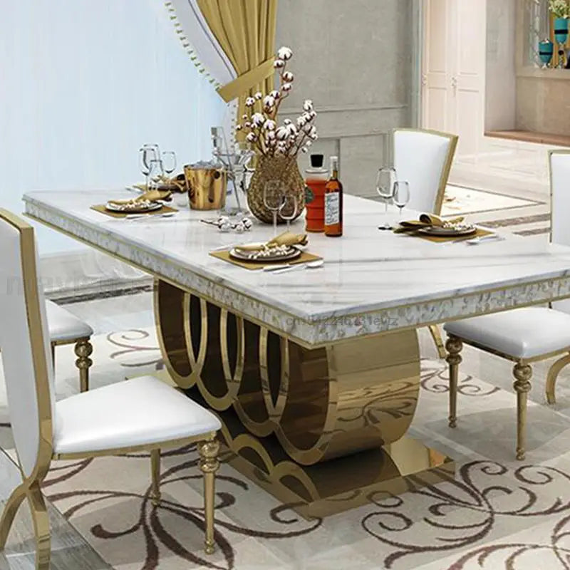 Post-Modern Marble Top-Grade Dining Table And Chairs Combination Stainless Steel Crown Apartment Golden Carved Furniture Table