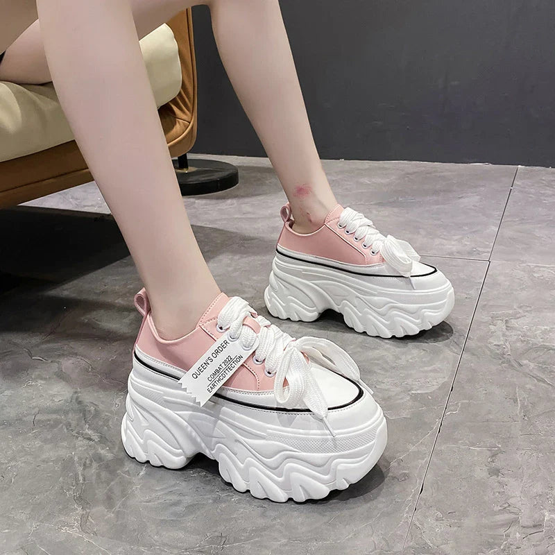 New 2022 Women Hidden Heels Sneakers 8CM High Platform Wedges Sneakers Autumn Chunky Leather Shoes Woman Lace Up Dad White Shoes