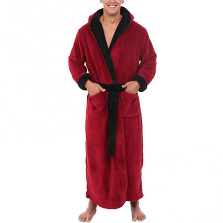 Men Soft Coral Fleece Color Block Pockets Long Bath Robe Home Gown Sleepwear