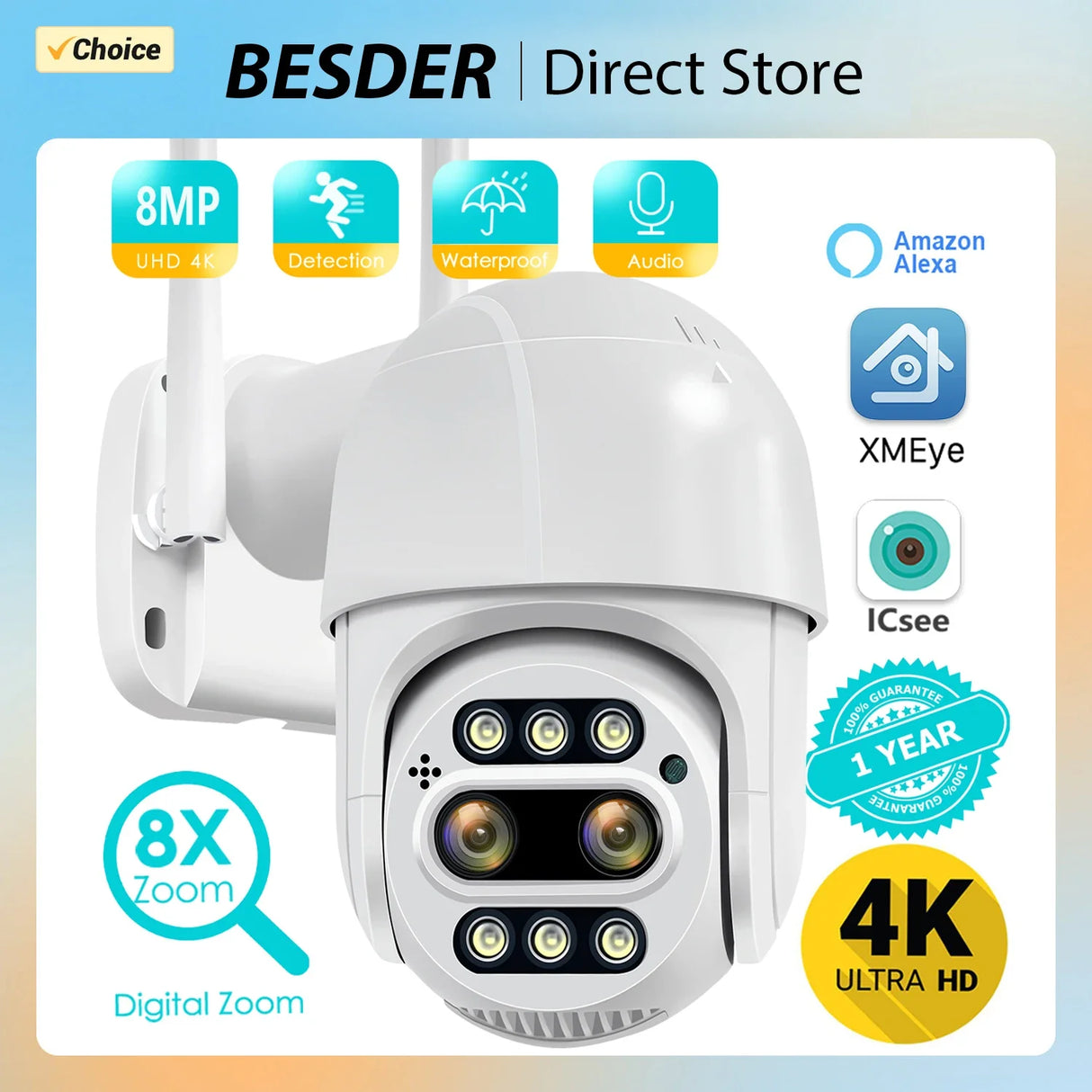 BESDER 8MP 4K PTZ IP Camera 8x Zoom Dual-Lens Human Detect CCTV Camera Outdoor CCTV Wifi Video Surveillance Camera ICSEE Alexa