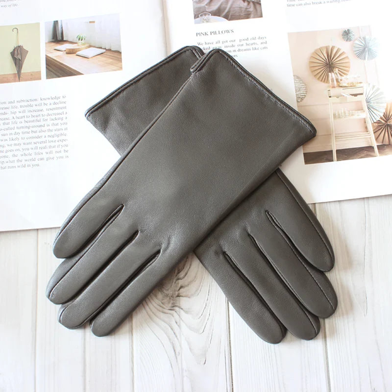 New women's leather color gloves sheepskin classic straight style knitted lining spring driving mittens autumn