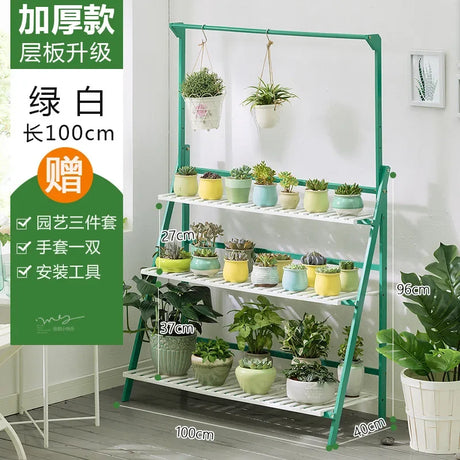 Plant Stand Storage Shelf 3-Tier Hanging Stand for Flowers Folding Organizer Display Storage Rack Adjustable Hanger Rod Bamboo