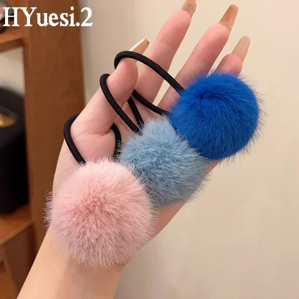 Cute Fur Ball Plush Hair Rope High Elastic Black Hair Ties With Pompom Women Toddler Girls Ponytail Holder Seamless Rubber Bands