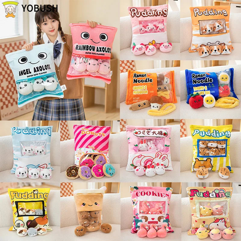 Cartoon Ramen Puff Cookie Bag Bubble Tea Plush Pillow Stuffed Kawaii Animals Axolotl Yellow Duck Bat Bunny Small Balls Candy Bag